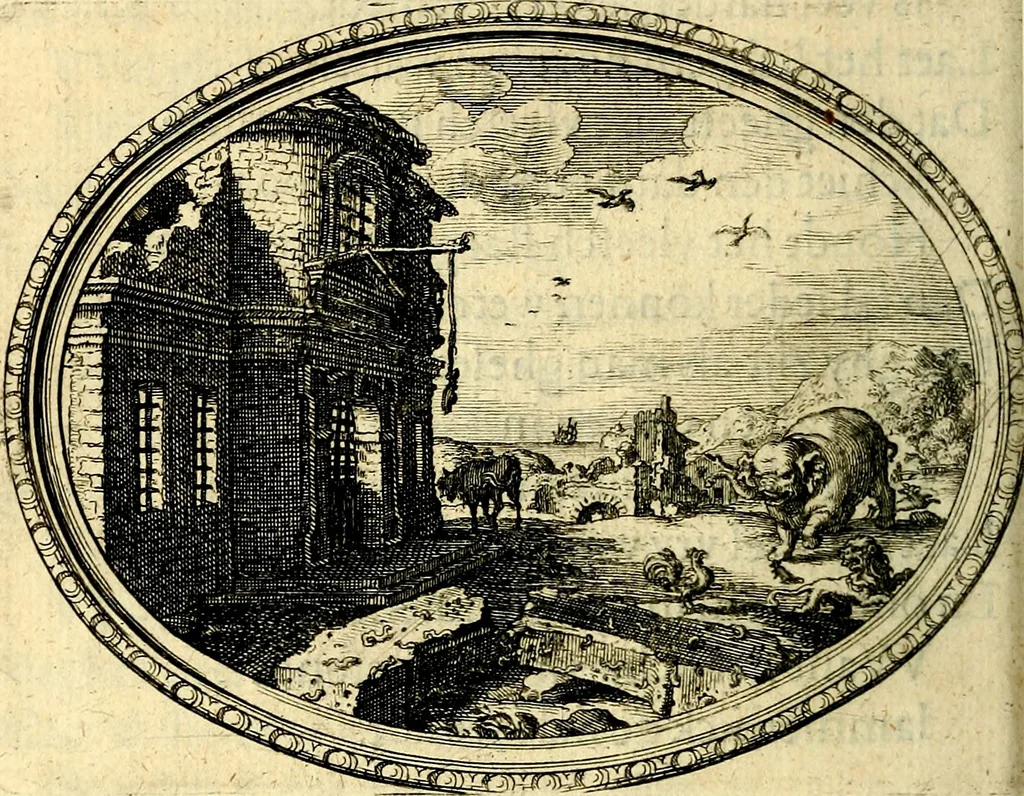 An illustration from Des wereldts proef-steen, ofte, De ydelheydt door de waerheyd beschuldight ende overtuyght van valscheydt, 1643, leaf 69