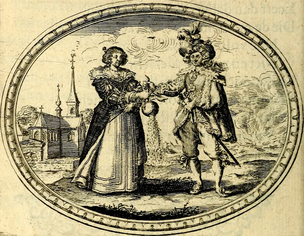 An illustration from Des wereldts proef-steen, ofte, De ydelheydt door de waerheyd beschuldight ende overtuyght van valscheydt, 1643, leaf 75