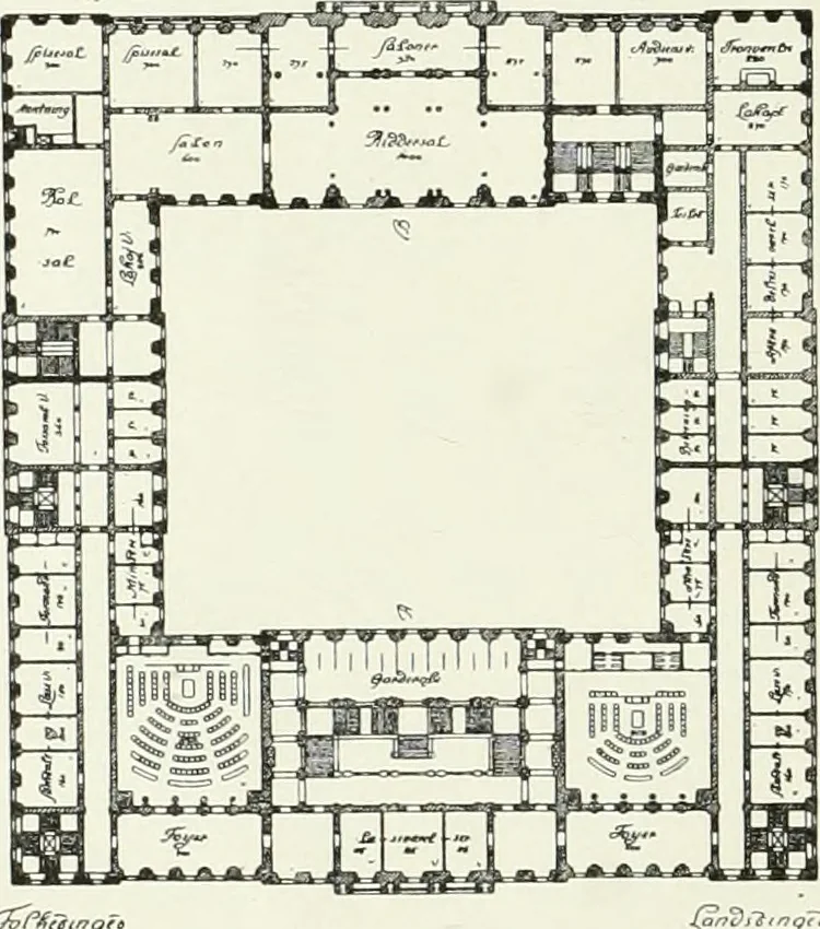 An illustration from Det danske slot, kongens, rigets, rettens, folkets : om projekterne til Kristiansborgs genopførelse, 1905, leaf 29