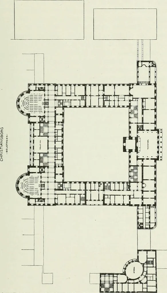 An illustration from Det danske slot, kongens, rigets, rettens, folkets : om projekterne til Kristiansborgs genopførelse, 1905, leaf 42