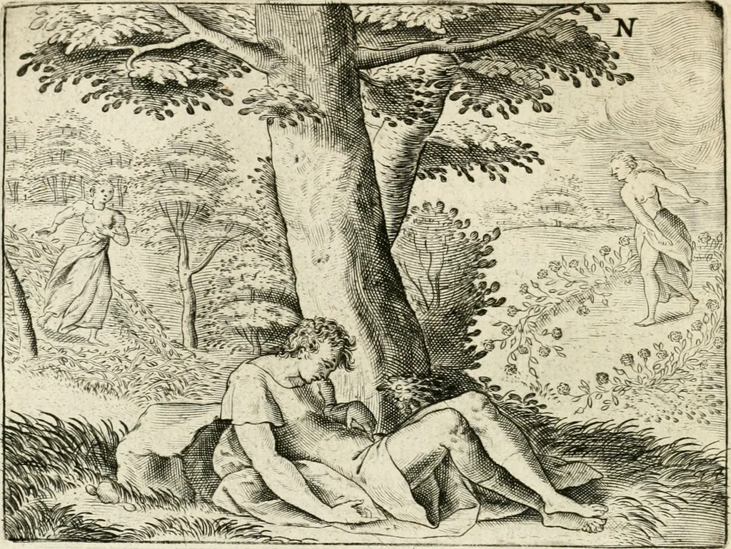 An illustration from De vernieuwde gulden winckel der kunstliebende Nederlanders : waer in den mensche door poëtische, historische en morale leeringen, vertoont wort, hoedanigh hy zijn leven, handel ende wandel, zedighlijck, eerbaerlijck en vermakelijck sal overbrengen : hier is by ghevoeght het tweede deel, waer in 't vvelvaren der vereenighde Nederlanden, en de droeve vvtvaert van Henricus de Grote, coningh van Vranckrijck en Navarre, &c. : nessens andere stichtelijcke dinghen, den konst-beminders worden voor oogen ghestelt, 1622, leaf 105