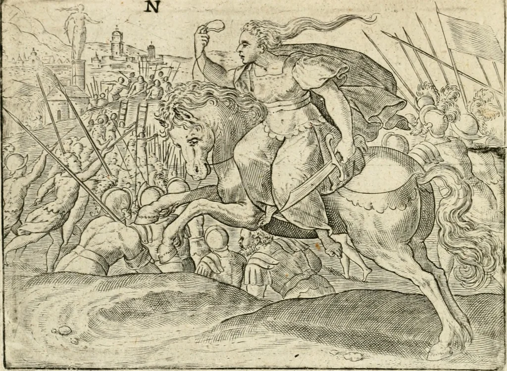 An illustration from De vernieuwde gulden winckel der kunstliebende Nederlanders : waer in den mensche door poëtische, historische en morale leeringen, vertoont wort, hoedanigh hy zijn leven, handel ende wandel, zedighlijck, eerbaerlijck en vermakelijck sal overbrengen : hier is by ghevoeght het tweede deel, waer in 't vvelvaren der vereenighde Nederlanden, en de droeve vvtvaert van Henricus de Grote, coningh van Vranckrijck en Navarre, &c. : nessens andere stichtelijcke dinghen, den konst-beminders worden voor oogen ghestelt, 1622, leaf 109