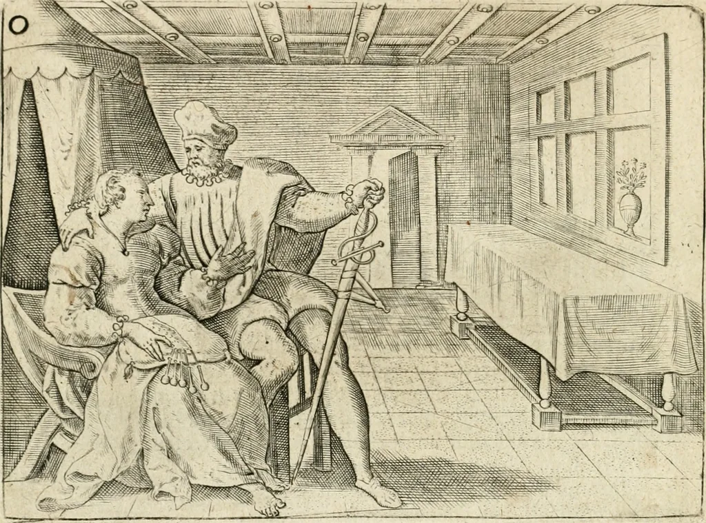 An illustration from De vernieuwde gulden winckel der kunstliebende Nederlanders : waer in den mensche door poëtische, historische en morale leeringen, vertoont wort, hoedanigh hy zijn leven, handel ende wandel, zedighlijck, eerbaerlijck en vermakelijck sal overbrengen : hier is by ghevoeght het tweede deel, waer in 't vvelvaren der vereenighde Nederlanden, en de droeve vvtvaert van Henricus de Grote, coningh van Vranckrijck en Navarre, &c. : nessens andere stichtelijcke dinghen, den konst-beminders worden voor oogen ghestelt, 1622, leaf 115