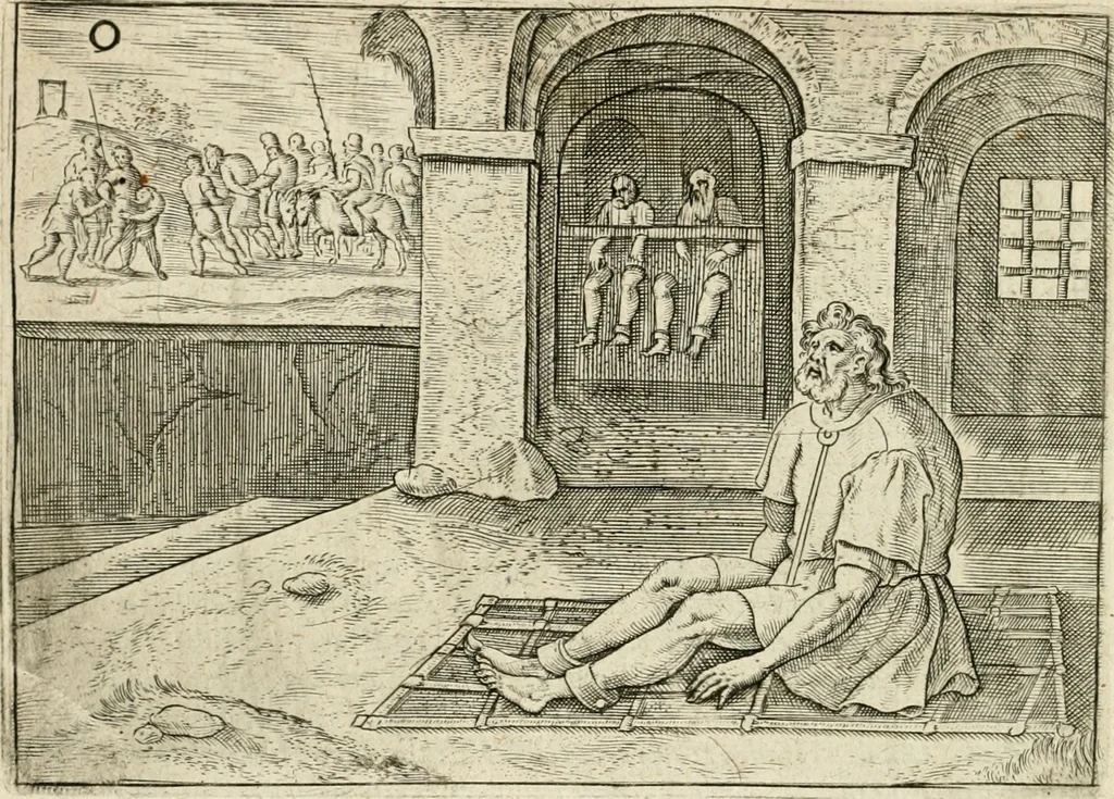 An illustration from De vernieuwde gulden winckel der kunstliebende Nederlanders : waer in den mensche door poëtische, historische en morale leeringen, vertoont wort, hoedanigh hy zijn leven, handel ende wandel, zedighlijck, eerbaerlijck en vermakelijck sal overbrengen : hier is by ghevoeght het tweede deel, waer in 't vvelvaren der vereenighde Nederlanden, en de droeve vvtvaert van Henricus de Grote, coningh van Vranckrijck en Navarre, &c. : nessens andere stichtelijcke dinghen, den konst-beminders worden voor oogen ghestelt, 1622, leaf 119