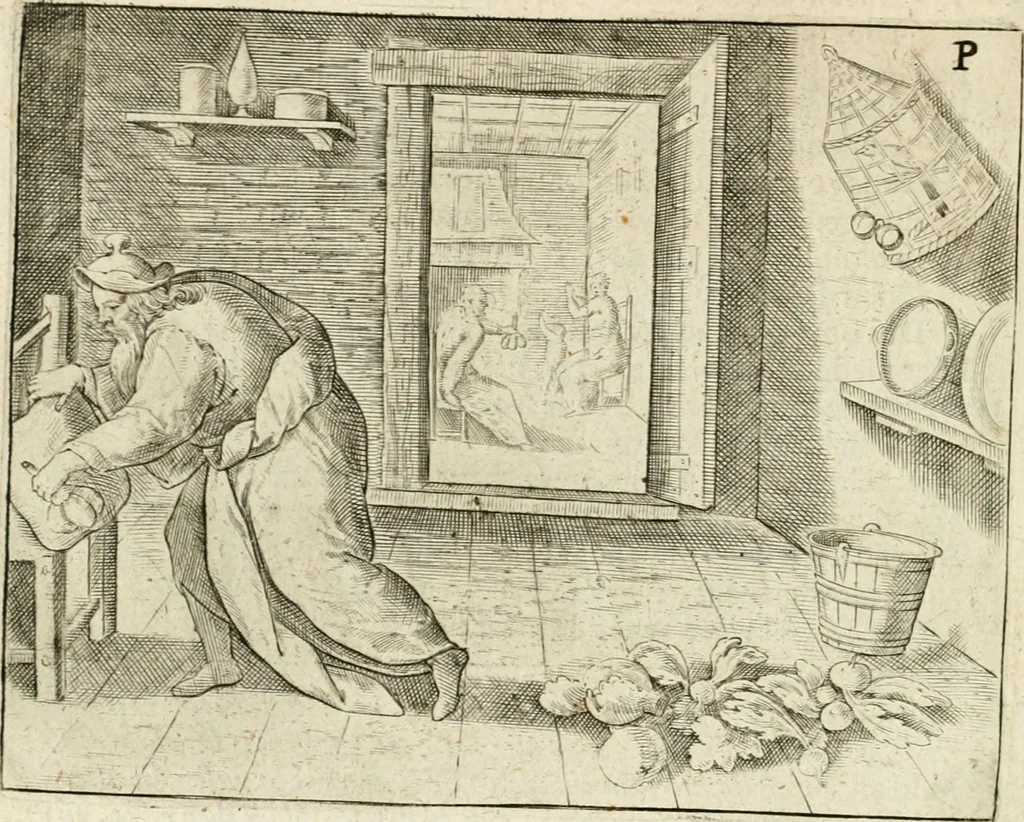 An illustration from De vernieuwde gulden winckel der kunstliebende Nederlanders : waer in den mensche door poëtische, historische en morale leeringen, vertoont wort, hoedanigh hy zijn leven, handel ende wandel, zedighlijck, eerbaerlijck en vermakelijck sal overbrengen : hier is by ghevoeght het tweede deel, waer in 't vvelvaren der vereenighde Nederlanden, en de droeve vvtvaert van Henricus de Grote, coningh van Vranckrijck en Navarre, &c. : nessens andere stichtelijcke dinghen, den konst-beminders worden voor oogen ghestelt, 1622, leaf 123