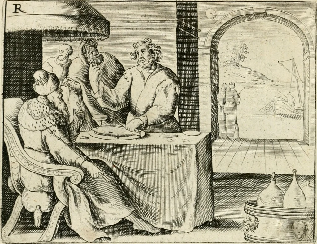 An illustration from De vernieuwde gulden winckel der kunstliebende Nederlanders : waer in den mensche door poëtische, historische en morale leeringen, vertoont wort, hoedanigh hy zijn leven, handel ende wandel, zedighlijck, eerbaerlijck en vermakelijck sal overbrengen : hier is by ghevoeght het tweede deel, waer in 't vvelvaren der vereenighde Nederlanden, en de droeve vvtvaert van Henricus de Grote, coningh van Vranckrijck en Navarre, &c. : nessens andere stichtelijcke dinghen, den konst-beminders worden voor oogen ghestelt, 1622, leaf 137