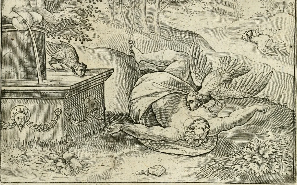 An illustration from De vernieuwde gulden winckel der kunstliebende Nederlanders : waer in den mensche door poëtische, historische en morale leeringen, vertoont wort, hoedanigh hy zijn leven, handel ende wandel, zedighlijck, eerbaerlijck en vermakelijck sal overbrengen : hier is by ghevoeght het tweede deel, waer in 't vvelvaren der vereenighde Nederlanden, en de droeve vvtvaert van Henricus de Grote, coningh van Vranckrijck en Navarre, &c. : nessens andere stichtelijcke dinghen, den konst-beminders worden voor oogen ghestelt, 1622, leaf 145