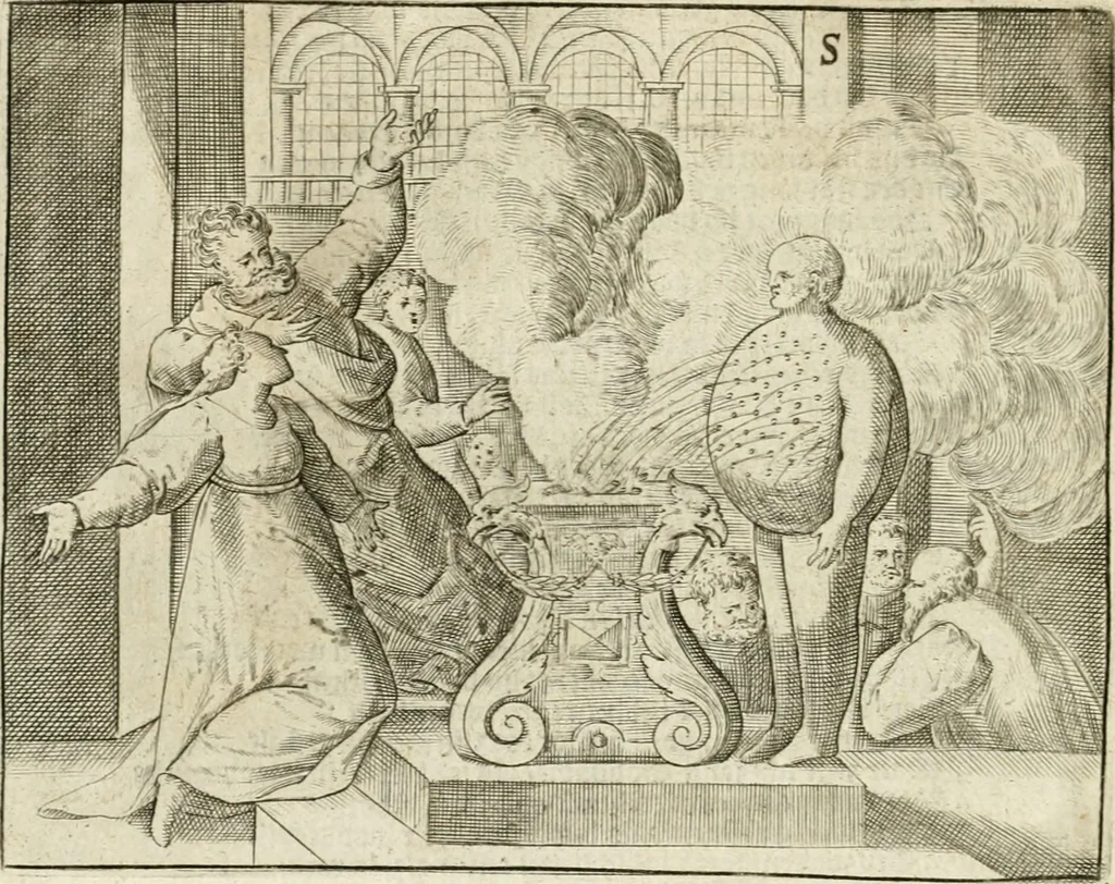 An illustration from De vernieuwde gulden winckel der kunstliebende Nederlanders : waer in den mensche door poëtische, historische en morale leeringen, vertoont wort, hoedanigh hy zijn leven, handel ende wandel, zedighlijck, eerbaerlijck en vermakelijck sal overbrengen : hier is by ghevoeght het tweede deel, waer in 't vvelvaren der vereenighde Nederlanden, en de droeve vvtvaert van Henricus de Grote, coningh van Vranckrijck en Navarre, &c. : nessens andere stichtelijcke dinghen, den konst-beminders worden voor oogen ghestelt, 1622, leaf 149