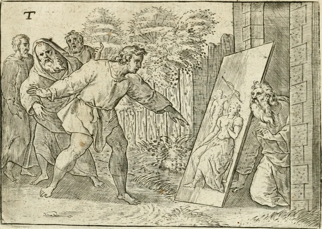 An illustration from De vernieuwde gulden winckel der kunstliebende Nederlanders : waer in den mensche door poëtische, historische en morale leeringen, vertoont wort, hoedanigh hy zijn leven, handel ende wandel, zedighlijck, eerbaerlijck en vermakelijck sal overbrengen : hier is by ghevoeght het tweede deel, waer in 't vvelvaren der vereenighde Nederlanden, en de droeve vvtvaert van Henricus de Grote, coningh van Vranckrijck en Navarre, &c. : nessens andere stichtelijcke dinghen, den konst-beminders worden voor oogen ghestelt, 1622, leaf 153