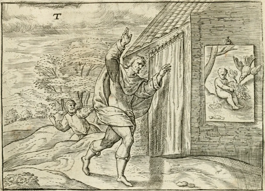 An illustration from De vernieuwde gulden winckel der kunstliebende Nederlanders : waer in den mensche door poëtische, historische en morale leeringen, vertoont wort, hoedanigh hy zijn leven, handel ende wandel, zedighlijck, eerbaerlijck en vermakelijck sal overbrengen : hier is by ghevoeght het tweede deel, waer in 't vvelvaren der vereenighde Nederlanden, en de droeve vvtvaert van Henricus de Grote, coningh van Vranckrijck en Navarre, &c. : nessens andere stichtelijcke dinghen, den konst-beminders worden voor oogen ghestelt, 1622, leaf 155