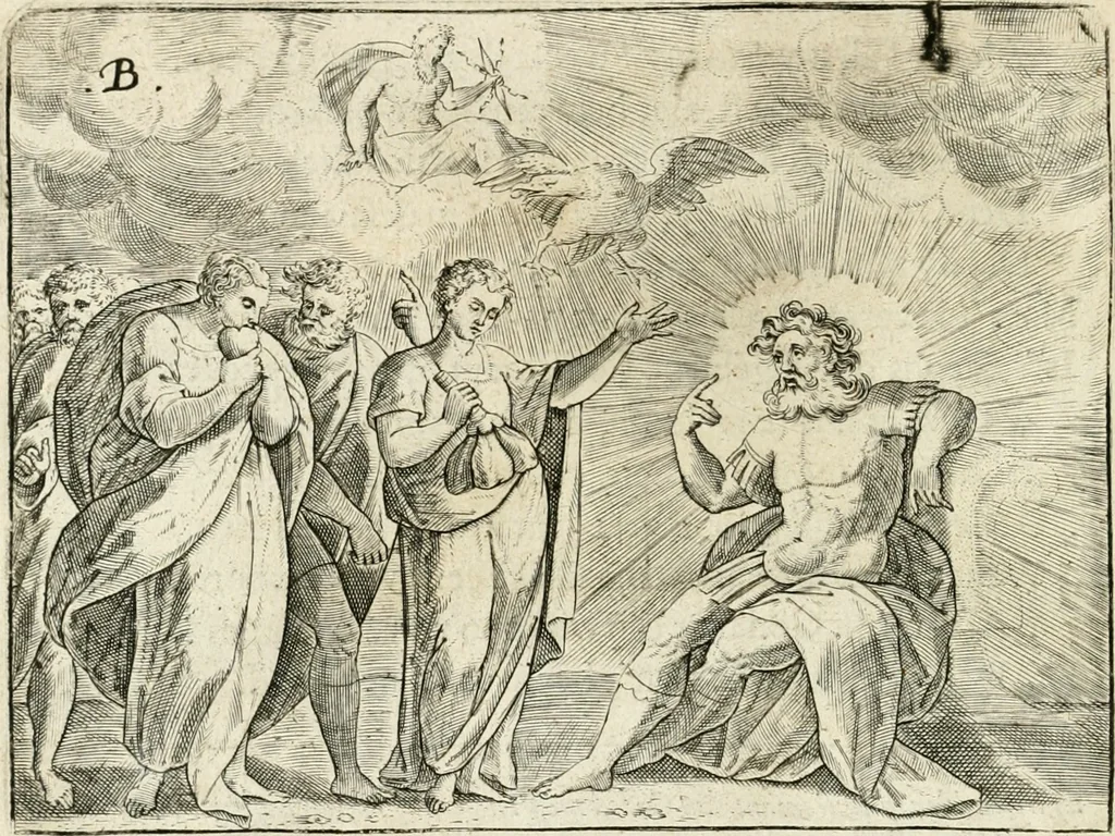 An illustration from De vernieuwde gulden winckel der kunstliebende Nederlanders : waer in den mensche door poëtische, historische en morale leeringen, vertoont wort, hoedanigh hy zijn leven, handel ende wandel, zedighlijck, eerbaerlijck en vermakelijck sal overbrengen : hier is by ghevoeght het tweede deel, waer in 't vvelvaren der vereenighde Nederlanden, en de droeve vvtvaert van Henricus de Grote, coningh van Vranckrijck en Navarre, &c. : nessens andere stichtelijcke dinghen, den konst-beminders worden voor oogen ghestelt, 1622, leaf 21