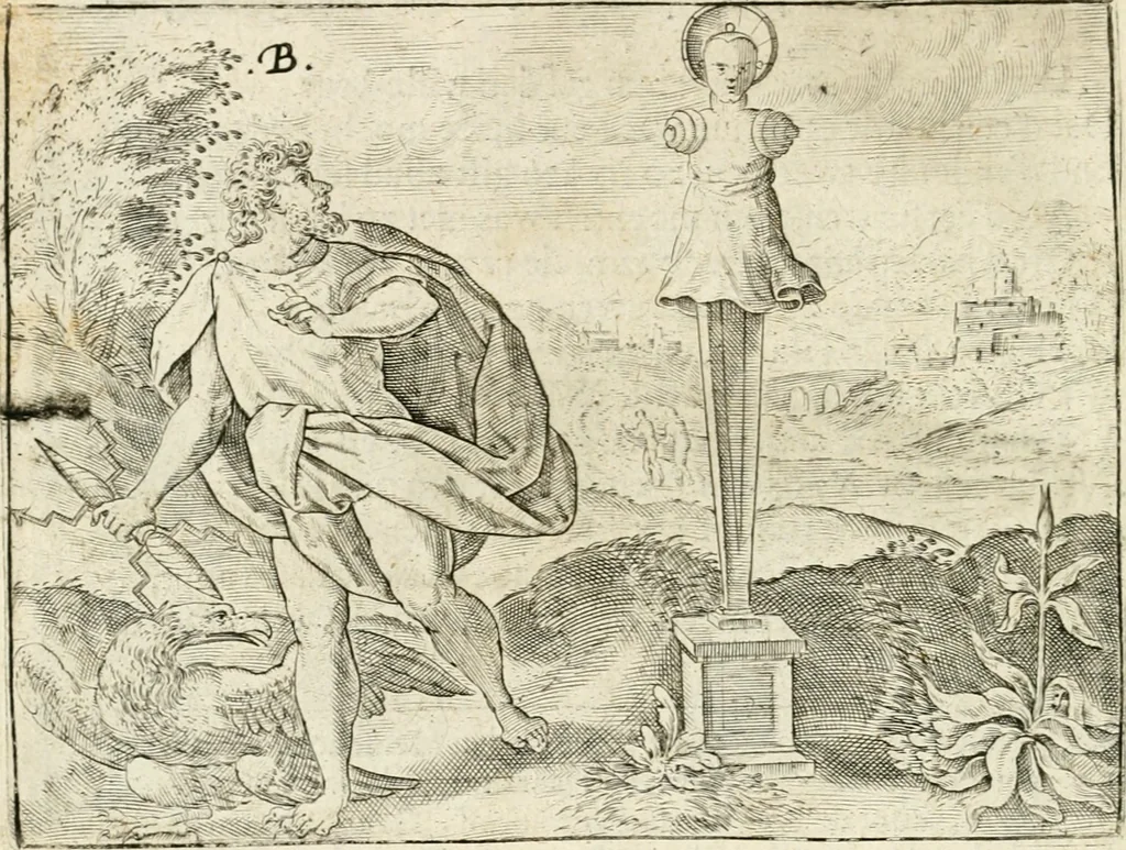 An illustration from De vernieuwde gulden winckel der kunstliebende Nederlanders : waer in den mensche door poëtische, historische en morale leeringen, vertoont wort, hoedanigh hy zijn leven, handel ende wandel, zedighlijck, eerbaerlijck en vermakelijck sal overbrengen : hier is by ghevoeght het tweede deel, waer in 't vvelvaren der vereenighde Nederlanden, en de droeve vvtvaert van Henricus de Grote, coningh van Vranckrijck en Navarre, &c. : nessens andere stichtelijcke dinghen, den konst-beminders worden voor oogen ghestelt, 1622, leaf 23