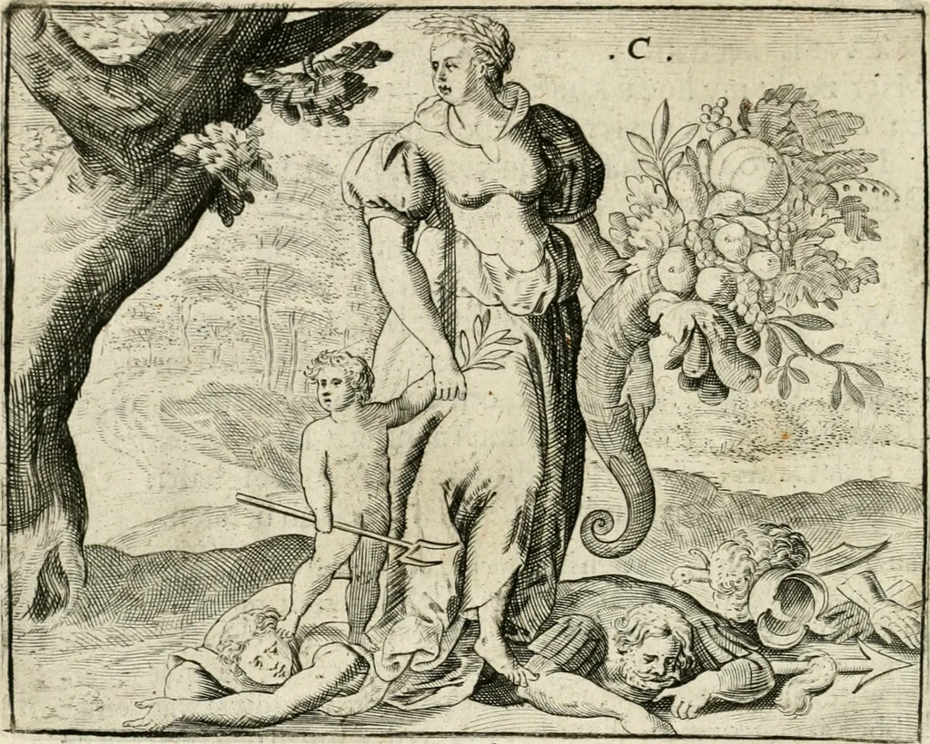 An illustration from De vernieuwde gulden winckel der kunstliebende Nederlanders : waer in den mensche door poëtische, historische en morale leeringen, vertoont wort, hoedanigh hy zijn leven, handel ende wandel, zedighlijck, eerbaerlijck en vermakelijck sal overbrengen : hier is by ghevoeght het tweede deel, waer in 't vvelvaren der vereenighde Nederlanden, en de droeve vvtvaert van Henricus de Grote, coningh van Vranckrijck en Navarre, &c. : nessens andere stichtelijcke dinghen, den konst-beminders worden voor oogen ghestelt, 1622, leaf 31