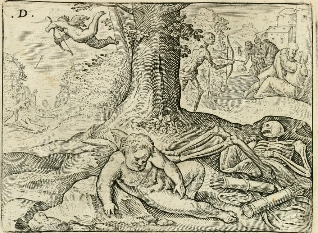An illustration from De vernieuwde gulden winckel der kunstliebende Nederlanders : waer in den mensche door poëtische, historische en morale leeringen, vertoont wort, hoedanigh hy zijn leven, handel ende wandel, zedighlijck, eerbaerlijck en vermakelijck sal overbrengen : hier is by ghevoeght het tweede deel, waer in 't vvelvaren der vereenighde Nederlanden, en de droeve vvtvaert van Henricus de Grote, coningh van Vranckrijck en Navarre, &c. : nessens andere stichtelijcke dinghen, den konst-beminders worden voor oogen ghestelt, 1622, leaf 35