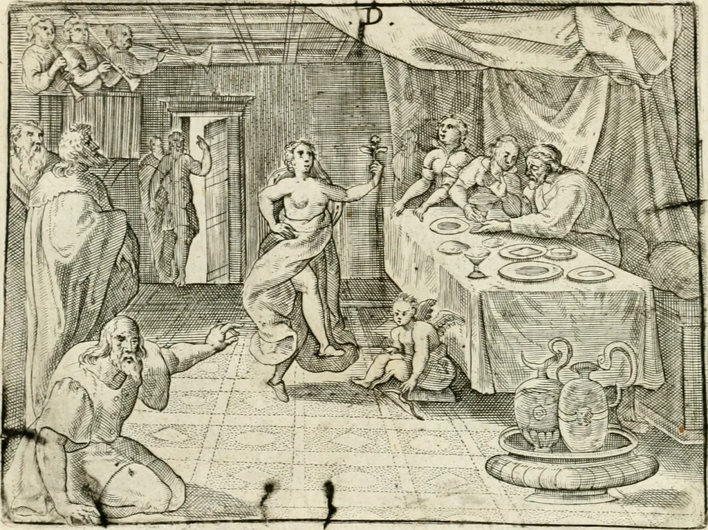 An illustration from De vernieuwde gulden winckel der kunstliebende Nederlanders : waer in den mensche door poëtische, historische en morale leeringen, vertoont wort, hoedanigh hy zijn leven, handel ende wandel, zedighlijck, eerbaerlijck en vermakelijck sal overbrengen : hier is by ghevoeght het tweede deel, waer in 't vvelvaren der vereenighde Nederlanden, en de droeve vvtvaert van Henricus de Grote, coningh van Vranckrijck en Navarre, &c. : nessens andere stichtelijcke dinghen, den konst-beminders worden voor oogen ghestelt, 1622, leaf 37