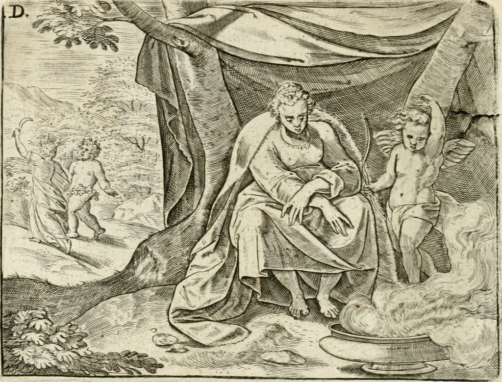 An illustration from De vernieuwde gulden winckel der kunstliebende Nederlanders : waer in den mensche door poëtische, historische en morale leeringen, vertoont wort, hoedanigh hy zijn leven, handel ende wandel, zedighlijck, eerbaerlijck en vermakelijck sal overbrengen : hier is by ghevoeght het tweede deel, waer in 't vvelvaren der vereenighde Nederlanden, en de droeve vvtvaert van Henricus de Grote, coningh van Vranckrijck en Navarre, &c. : nessens andere stichtelijcke dinghen, den konst-beminders worden voor oogen ghestelt, 1622, leaf 39