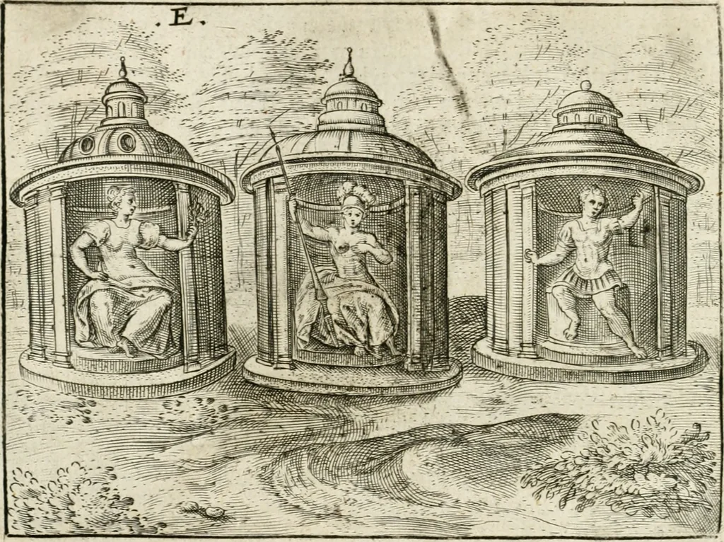 An illustration from De vernieuwde gulden winckel der kunstliebende Nederlanders : waer in den mensche door poëtische, historische en morale leeringen, vertoont wort, hoedanigh hy zijn leven, handel ende wandel, zedighlijck, eerbaerlijck en vermakelijck sal overbrengen : hier is by ghevoeght het tweede deel, waer in 't vvelvaren der vereenighde Nederlanden, en de droeve vvtvaert van Henricus de Grote, coningh van Vranckrijck en Navarre, &c. : nessens andere stichtelijcke dinghen, den konst-beminders worden voor oogen ghestelt, 1622, leaf 41