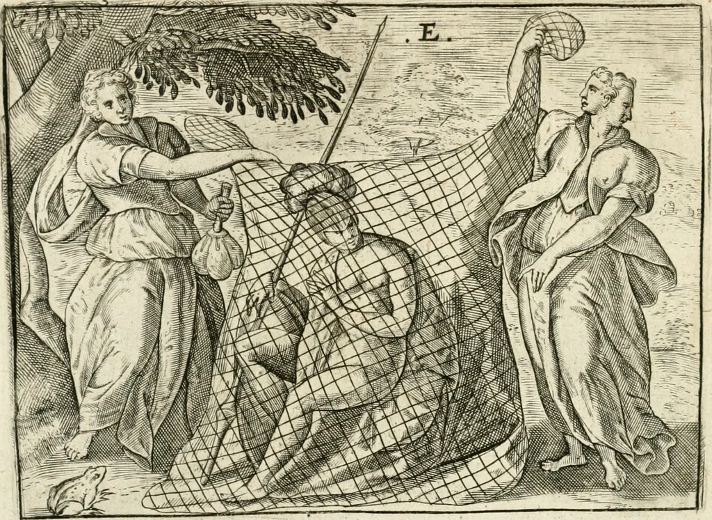 An illustration from De vernieuwde gulden winckel der kunstliebende Nederlanders : waer in den mensche door poëtische, historische en morale leeringen, vertoont wort, hoedanigh hy zijn leven, handel ende wandel, zedighlijck, eerbaerlijck en vermakelijck sal overbrengen : hier is by ghevoeght het tweede deel, waer in 't vvelvaren der vereenighde Nederlanden, en de droeve vvtvaert van Henricus de Grote, coningh van Vranckrijck en Navarre, &c. : nessens andere stichtelijcke dinghen, den konst-beminders worden voor oogen ghestelt, 1622, leaf 47