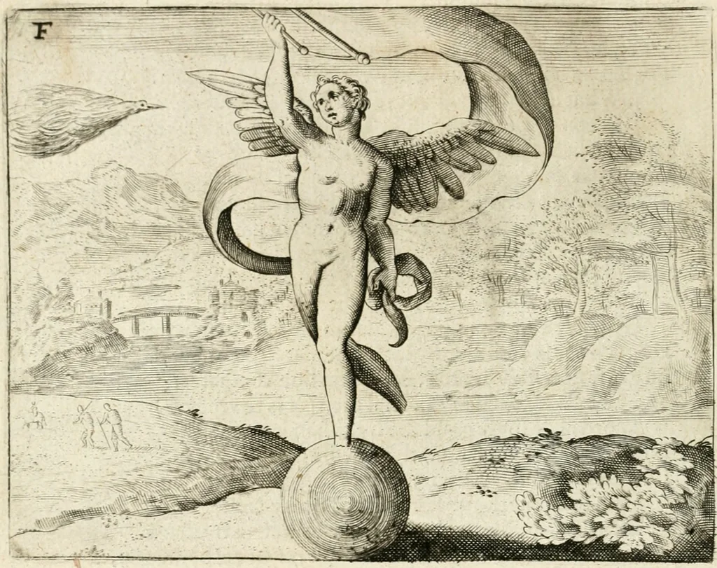An illustration from De vernieuwde gulden winckel der kunstliebende Nederlanders : waer in den mensche door poëtische, historische en morale leeringen, vertoont wort, hoedanigh hy zijn leven, handel ende wandel, zedighlijck, eerbaerlijck en vermakelijck sal overbrengen : hier is by ghevoeght het tweede deel, waer in 't vvelvaren der vereenighde Nederlanden, en de droeve vvtvaert van Henricus de Grote, coningh van Vranckrijck en Navarre, &c. : nessens andere stichtelijcke dinghen, den konst-beminders worden voor oogen ghestelt, 1622, leaf 49