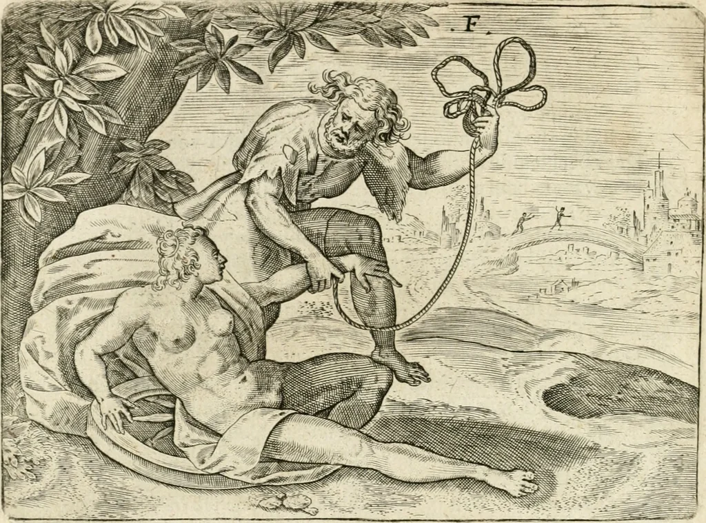 An illustration from De vernieuwde gulden winckel der kunstliebende Nederlanders : waer in den mensche door poëtische, historische en morale leeringen, vertoont wort, hoedanigh hy zijn leven, handel ende wandel, zedighlijck, eerbaerlijck en vermakelijck sal overbrengen : hier is by ghevoeght het tweede deel, waer in 't vvelvaren der vereenighde Nederlanden, en de droeve vvtvaert van Henricus de Grote, coningh van Vranckrijck en Navarre, &c. : nessens andere stichtelijcke dinghen, den konst-beminders worden voor oogen ghestelt, 1622, leaf 51