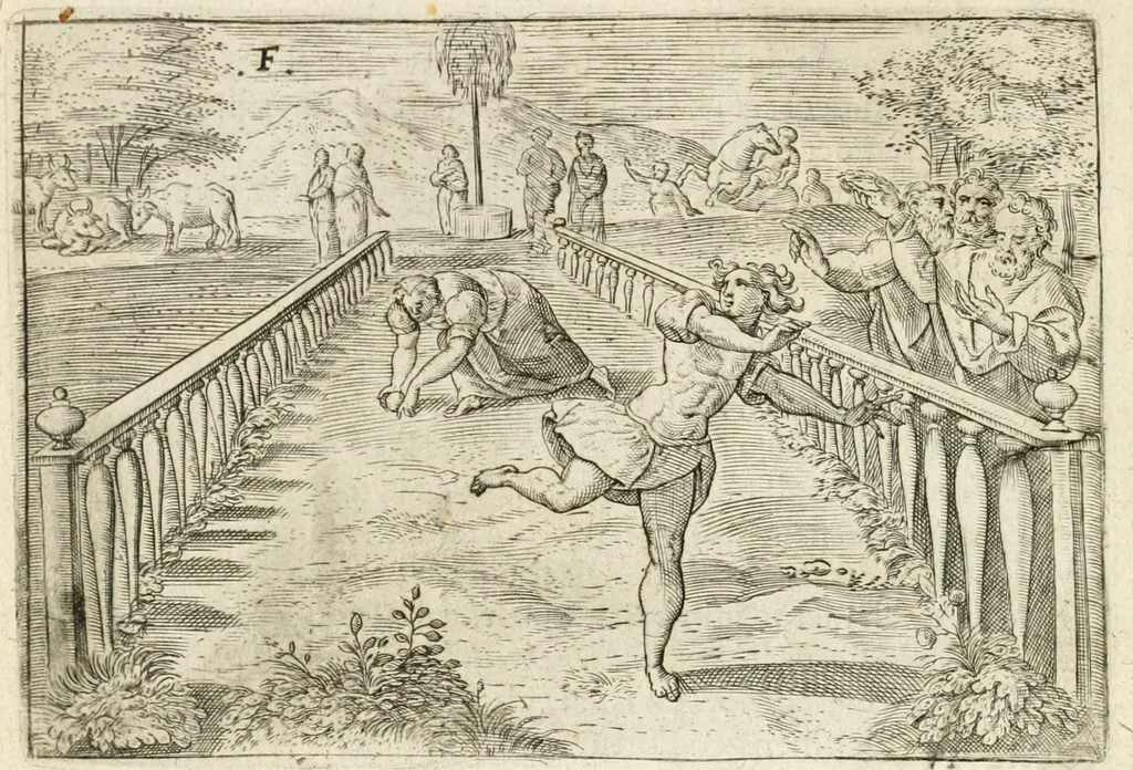 An illustration from De vernieuwde gulden winckel der kunstliebende Nederlanders : waer in den mensche door poëtische, historische en morale leeringen, vertoont wort, hoedanigh hy zijn leven, handel ende wandel, zedighlijck, eerbaerlijck en vermakelijck sal overbrengen : hier is by ghevoeght het tweede deel, waer in 't vvelvaren der vereenighde Nederlanden, en de droeve vvtvaert van Henricus de Grote, coningh van Vranckrijck en Navarre, &c. : nessens andere stichtelijcke dinghen, den konst-beminders worden voor oogen ghestelt, 1622, leaf 53