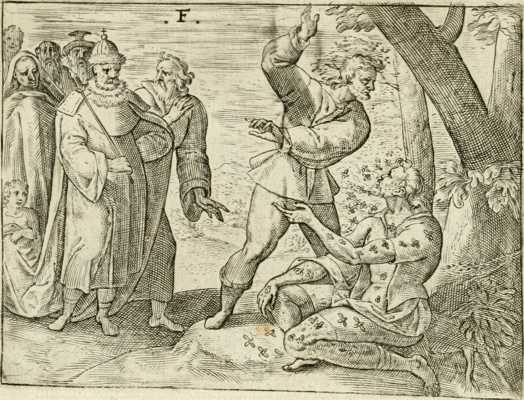 An illustration from De vernieuwde gulden winckel der kunstliebende Nederlanders : waer in den mensche door poëtische, historische en morale leeringen, vertoont wort, hoedanigh hy zijn leven, handel ende wandel, zedighlijck, eerbaerlijck en vermakelijck sal overbrengen : hier is by ghevoeght het tweede deel, waer in 't vvelvaren der vereenighde Nederlanden, en de droeve vvtvaert van Henricus de Grote, coningh van Vranckrijck en Navarre, &c. : nessens andere stichtelijcke dinghen, den konst-beminders worden voor oogen ghestelt, 1622, leaf 55