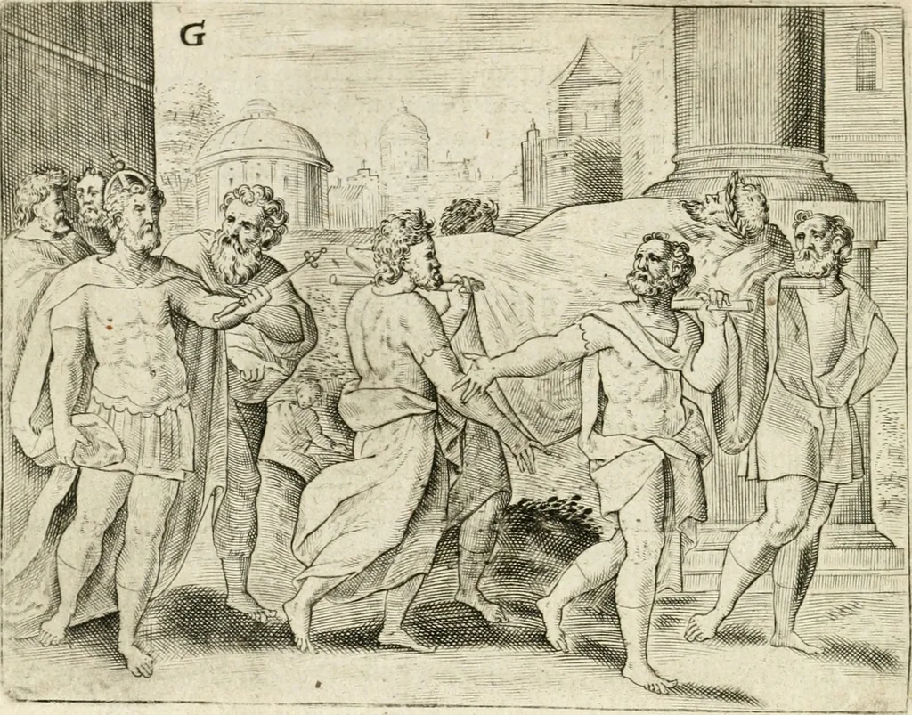 An illustration from De vernieuwde gulden winckel der kunstliebende Nederlanders : waer in den mensche door poëtische, historische en morale leeringen, vertoont wort, hoedanigh hy zijn leven, handel ende wandel, zedighlijck, eerbaerlijck en vermakelijck sal overbrengen : hier is by ghevoeght het tweede deel, waer in 't vvelvaren der vereenighde Nederlanden, en de droeve vvtvaert van Henricus de Grote, coningh van Vranckrijck en Navarre, &c. : nessens andere stichtelijcke dinghen, den konst-beminders worden voor oogen ghestelt, 1622, leaf 59