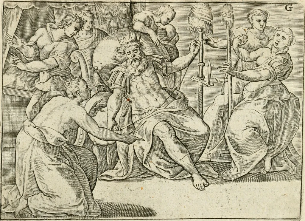 An illustration from De vernieuwde gulden winckel der kunstliebende Nederlanders : waer in den mensche door poëtische, historische en morale leeringen, vertoont wort, hoedanigh hy zijn leven, handel ende wandel, zedighlijck, eerbaerlijck en vermakelijck sal overbrengen : hier is by ghevoeght het tweede deel, waer in 't vvelvaren der vereenighde Nederlanden, en de droeve vvtvaert van Henricus de Grote, coningh van Vranckrijck en Navarre, &c. : nessens andere stichtelijcke dinghen, den konst-beminders worden voor oogen ghestelt, 1622, leaf 61
