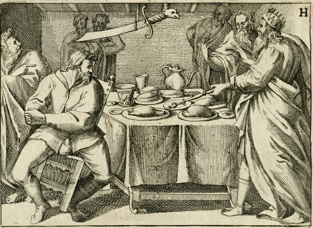 An illustration from De vernieuwde gulden winckel der kunstliebende Nederlanders : waer in den mensche door poëtische, historische en morale leeringen, vertoont wort, hoedanigh hy zijn leven, handel ende wandel, zedighlijck, eerbaerlijck en vermakelijck sal overbrengen : hier is by ghevoeght het tweede deel, waer in 't vvelvaren der vereenighde Nederlanden, en de droeve vvtvaert van Henricus de Grote, coningh van Vranckrijck en Navarre, &c. : nessens andere stichtelijcke dinghen, den konst-beminders worden voor oogen ghestelt, 1622, leaf 65