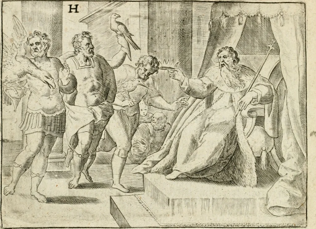 An illustration from De vernieuwde gulden winckel der kunstliebende Nederlanders : waer in den mensche door poëtische, historische en morale leeringen, vertoont wort, hoedanigh hy zijn leven, handel ende wandel, zedighlijck, eerbaerlijck en vermakelijck sal overbrengen : hier is by ghevoeght het tweede deel, waer in 't vvelvaren der vereenighde Nederlanden, en de droeve vvtvaert van Henricus de Grote, coningh van Vranckrijck en Navarre, &c. : nessens andere stichtelijcke dinghen, den konst-beminders worden voor oogen ghestelt, 1622, leaf 67