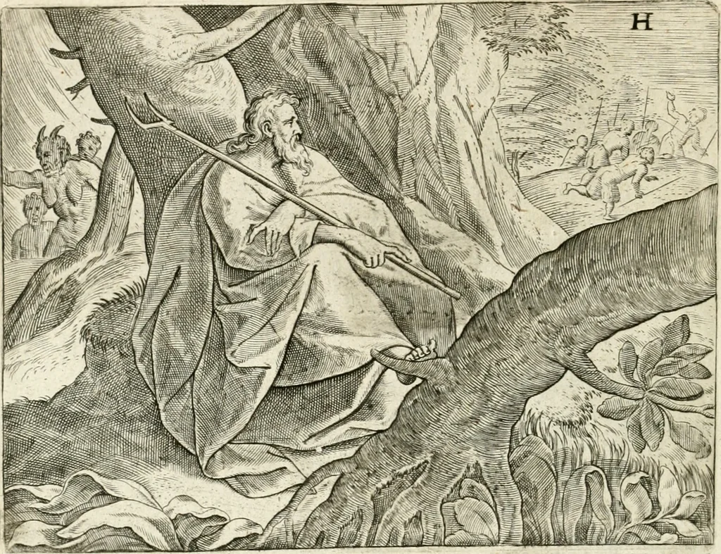 An illustration from De vernieuwde gulden winckel der kunstliebende Nederlanders : waer in den mensche door poëtische, historische en morale leeringen, vertoont wort, hoedanigh hy zijn leven, handel ende wandel, zedighlijck, eerbaerlijck en vermakelijck sal overbrengen : hier is by ghevoeght het tweede deel, waer in 't vvelvaren der vereenighde Nederlanden, en de droeve vvtvaert van Henricus de Grote, coningh van Vranckrijck en Navarre, &c. : nessens andere stichtelijcke dinghen, den konst-beminders worden voor oogen ghestelt, 1622, leaf 69