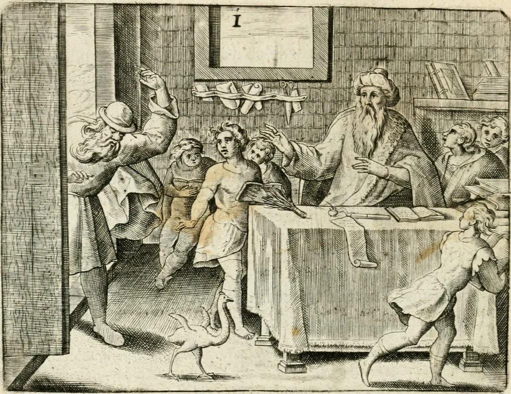 An illustration from De vernieuwde gulden winckel der kunstliebende Nederlanders : waer in den mensche door poëtische, historische en morale leeringen, vertoont wort, hoedanigh hy zijn leven, handel ende wandel, zedighlijck, eerbaerlijck en vermakelijck sal overbrengen : hier is by ghevoeght het tweede deel, waer in 't vvelvaren der vereenighde Nederlanden, en de droeve vvtvaert van Henricus de Grote, coningh van Vranckrijck en Navarre, &c. : nessens andere stichtelijcke dinghen, den konst-beminders worden voor oogen ghestelt, 1622, leaf 75