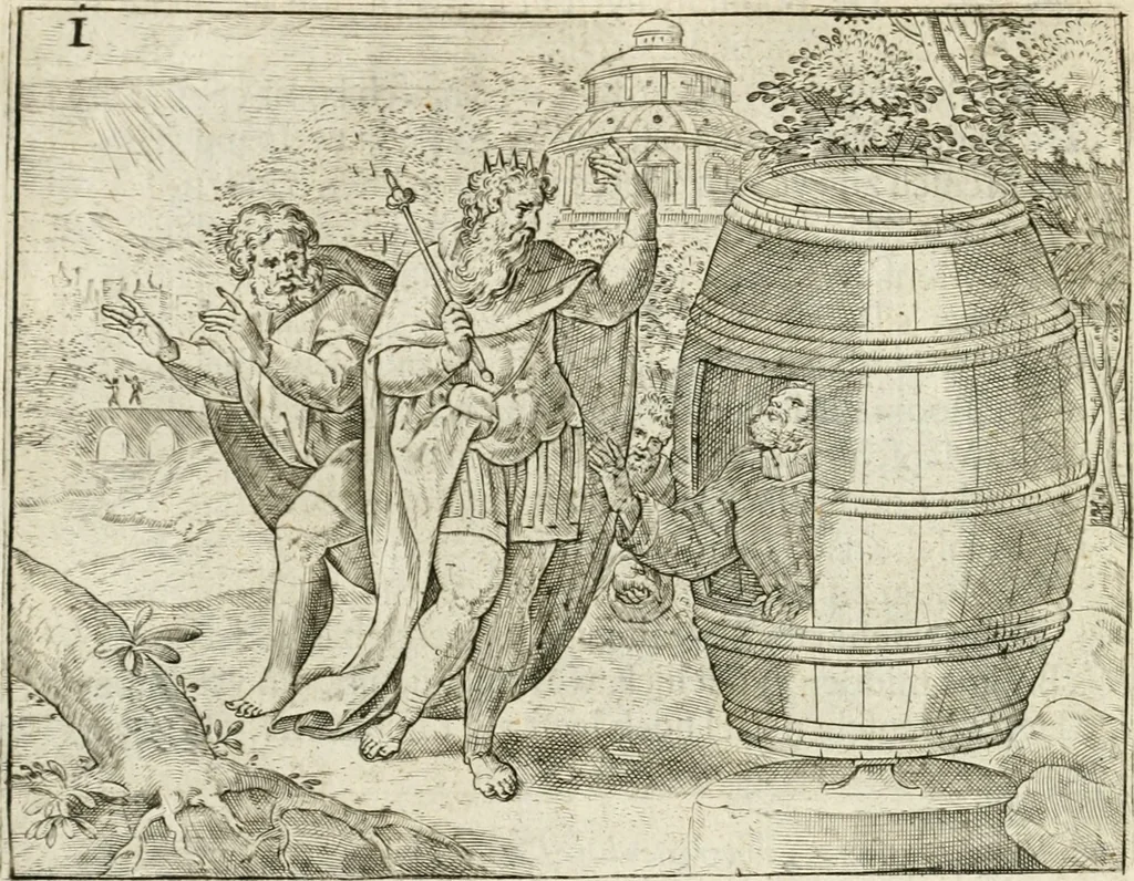 An illustration from De vernieuwde gulden winckel der kunstliebende Nederlanders : waer in den mensche door poëtische, historische en morale leeringen, vertoont wort, hoedanigh hy zijn leven, handel ende wandel, zedighlijck, eerbaerlijck en vermakelijck sal overbrengen : hier is by ghevoeght het tweede deel, waer in 't vvelvaren der vereenighde Nederlanden, en de droeve vvtvaert van Henricus de Grote, coningh van Vranckrijck en Navarre, &c. : nessens andere stichtelijcke dinghen, den konst-beminders worden voor oogen ghestelt, 1622, leaf 79