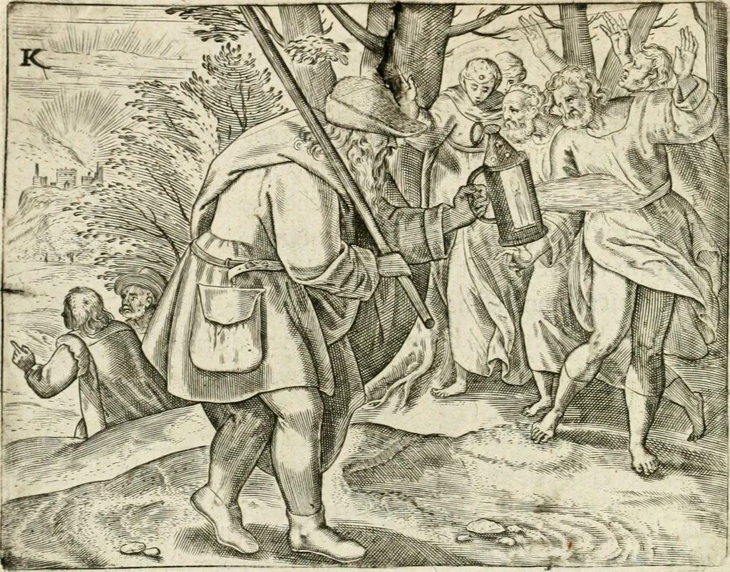 An illustration from De vernieuwde gulden winckel der kunstliebende Nederlanders : waer in den mensche door poëtische, historische en morale leeringen, vertoont wort, hoedanigh hy zijn leven, handel ende wandel, zedighlijck, eerbaerlijck en vermakelijck sal overbrengen : hier is by ghevoeght het tweede deel, waer in 't vvelvaren der vereenighde Nederlanden, en de droeve vvtvaert van Henricus de Grote, coningh van Vranckrijck en Navarre, &c. : nessens andere stichtelijcke dinghen, den konst-beminders worden voor oogen ghestelt, 1622, leaf 83
