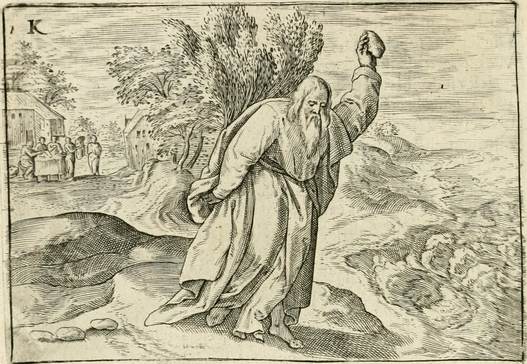 An illustration from De vernieuwde gulden winckel der kunstliebende Nederlanders : waer in den mensche door poëtische, historische en morale leeringen, vertoont wort, hoedanigh hy zijn leven, handel ende wandel, zedighlijck, eerbaerlijck en vermakelijck sal overbrengen : hier is by ghevoeght het tweede deel, waer in 't vvelvaren der vereenighde Nederlanden, en de droeve vvtvaert van Henricus de Grote, coningh van Vranckrijck en Navarre, &c. : nessens andere stichtelijcke dinghen, den konst-beminders worden voor oogen ghestelt, 1622, leaf 85