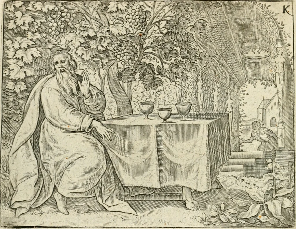 An illustration from De vernieuwde gulden winckel der kunstliebende Nederlanders : waer in den mensche door poëtische, historische en morale leeringen, vertoont wort, hoedanigh hy zijn leven, handel ende wandel, zedighlijck, eerbaerlijck en vermakelijck sal overbrengen : hier is by ghevoeght het tweede deel, waer in 't vvelvaren der vereenighde Nederlanden, en de droeve vvtvaert van Henricus de Grote, coningh van Vranckrijck en Navarre, &c. : nessens andere stichtelijcke dinghen, den konst-beminders worden voor oogen ghestelt, 1622, leaf 87