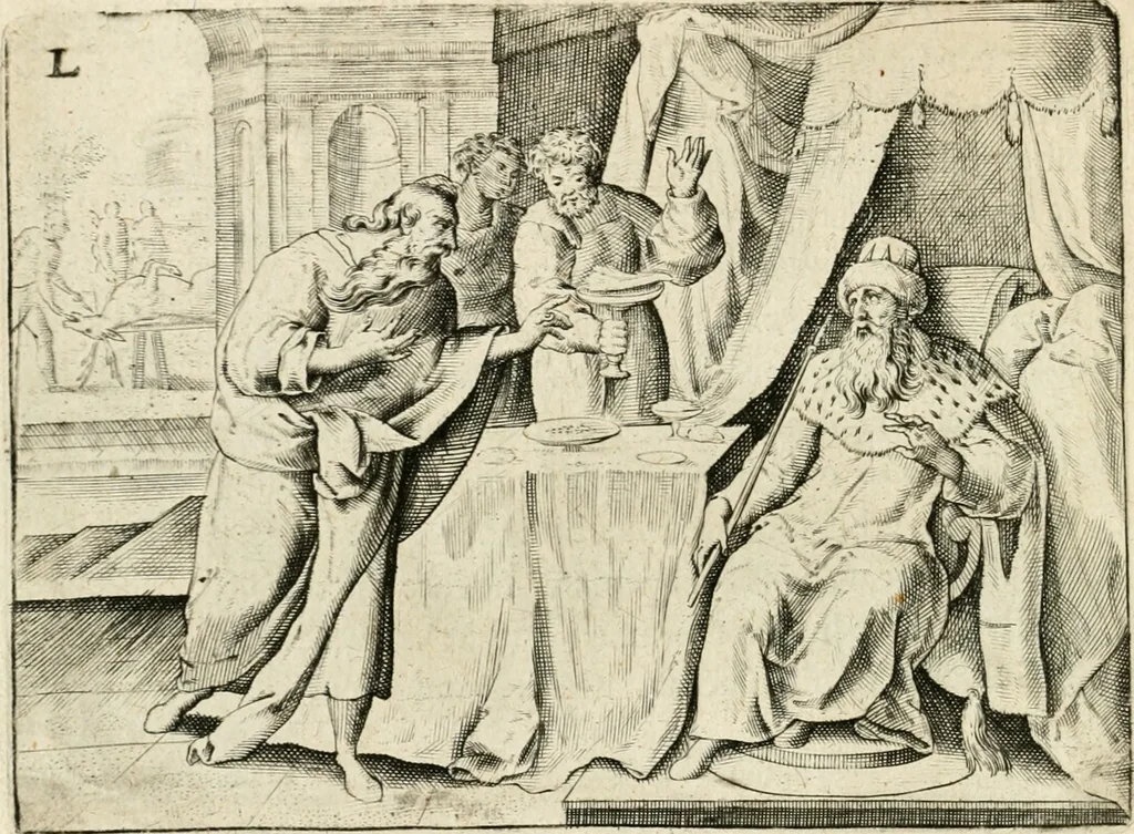 An illustration from De vernieuwde gulden winckel der kunstliebende Nederlanders : waer in den mensche door poëtische, historische en morale leeringen, vertoont wort, hoedanigh hy zijn leven, handel ende wandel, zedighlijck, eerbaerlijck en vermakelijck sal overbrengen : hier is by ghevoeght het tweede deel, waer in 't vvelvaren der vereenighde Nederlanden, en de droeve vvtvaert van Henricus de Grote, coningh van Vranckrijck en Navarre, &c. : nessens andere stichtelijcke dinghen, den konst-beminders worden voor oogen ghestelt, 1622, leaf 95