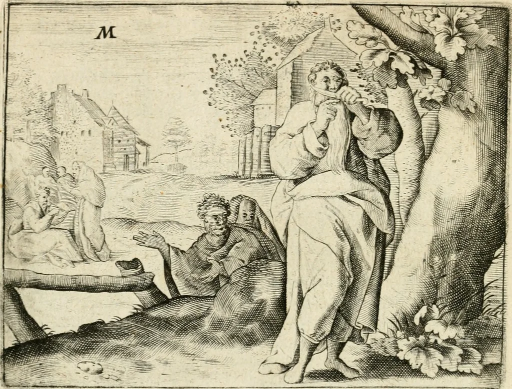 An illustration from De vernieuwde gulden winckel der kunstliebende Nederlanders : waer in den mensche door poëtische, historische en morale leeringen, vertoont wort, hoedanigh hy zijn leven, handel ende wandel, zedighlijck, eerbaerlijck en vermakelijck sal overbrengen : hier is by ghevoeght het tweede deel, waer in 't vvelvaren der vereenighde Nederlanden, en de droeve vvtvaert van Henricus de Grote, coningh van Vranckrijck en Navarre, &c. : nessens andere stichtelijcke dinghen, den konst-beminders worden voor oogen ghestelt, 1622, leaf 97