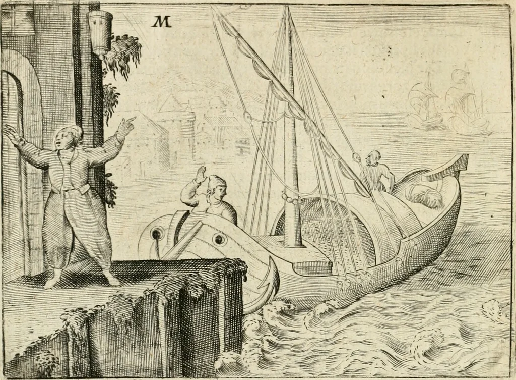 An illustration from De vernieuwde gulden winckel der kunstliebende Nederlanders : waer in den mensche door poëtische, historische en morale leeringen, vertoont wort, hoedanigh hy zijn leven, handel ende wandel, zedighlijck, eerbaerlijck en vermakelijck sal overbrengen : hier is by ghevoeght het tweede deel, waer in 't vvelvaren der vereenighde Nederlanden, en de droeve vvtvaert van Henricus de Grote, coningh van Vranckrijck en Navarre, &c. : nessens andere stichtelijcke dinghen, den konst-beminders worden voor oogen ghestelt, 1622, leaf 99