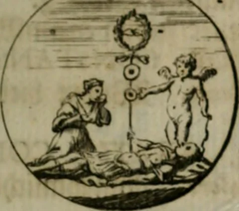 An illustration from Devises et emblemes anciennes & modernes, tirées des plus celebres auteurs, oder, Emblematische Gemüths-Vergnügung : bey Betrachtung siben hundert und funffzehen der curieusesten und ergötzlichen Sinn-Bildern, mit ihren zuständigen teutsch-lateinisch-französisch- und italianischen Beyschrifften, 1695, leaf 104