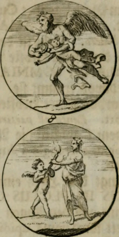 An illustration from Devises et emblemes anciennes & modernes, tirées des plus celebres auteurs, oder, Emblematische Gemüths-Vergnügung : bey Betrachtung siben hundert und funffzehen der curieusesten und ergötzlichen Sinn-Bildern, mit ihren zuständigen teutsch-lateinisch-französisch- und italianischen Beyschrifften, 1695, leaf 104