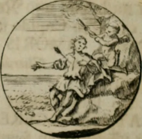 An illustration from Devises et emblemes anciennes & modernes, tirées des plus celebres auteurs, oder, Emblematische Gemüths-Vergnügung : bey Betrachtung siben hundert und funffzehen der curieusesten und ergötzlichen Sinn-Bildern, mit ihren zuständigen teutsch-lateinisch-französisch- und italianischen Beyschrifften, 1695, leaf 104
