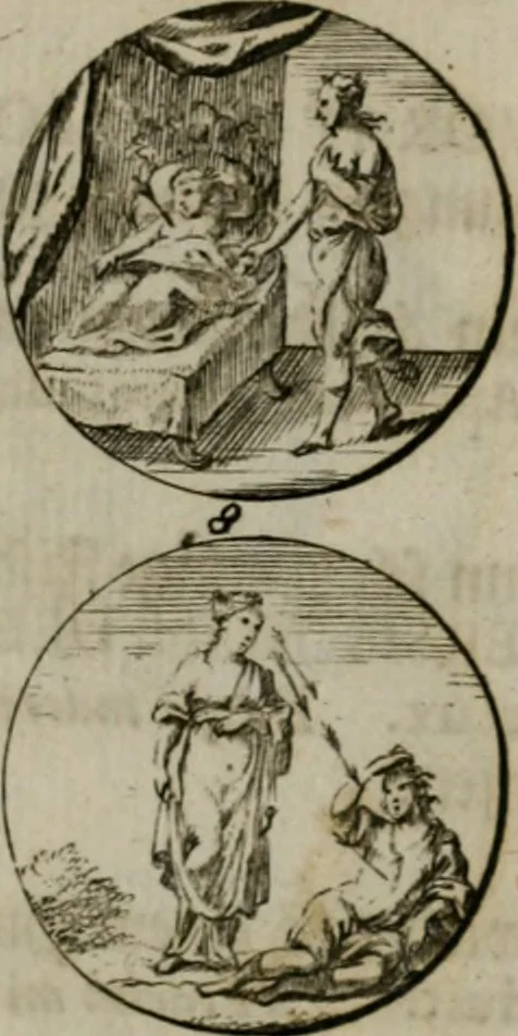 An illustration from Devises et emblemes anciennes & modernes, tirées des plus celebres auteurs, oder, Emblematische Gemüths-Vergnügung : bey Betrachtung siben hundert und funffzehen der curieusesten und ergötzlichen Sinn-Bildern, mit ihren zuständigen teutsch-lateinisch-französisch- und italianischen Beyschrifften, 1695, leaf 106