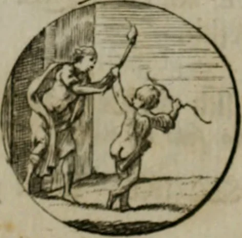 An illustration from Devises et emblemes anciennes & modernes, tirées des plus celebres auteurs, oder, Emblematische Gemüths-Vergnügung : bey Betrachtung siben hundert und funffzehen der curieusesten und ergötzlichen Sinn-Bildern, mit ihren zuständigen teutsch-lateinisch-französisch- und italianischen Beyschrifften, 1695, leaf 106