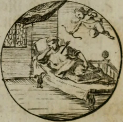 An illustration from Devises et emblemes anciennes & modernes, tirées des plus celebres auteurs, oder, Emblematische Gemüths-Vergnügung : bey Betrachtung siben hundert und funffzehen der curieusesten und ergötzlichen Sinn-Bildern, mit ihren zuständigen teutsch-lateinisch-französisch- und italianischen Beyschrifften, 1695, leaf 106