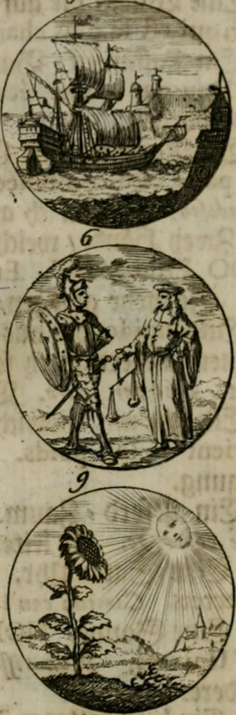 An illustration from Devises et emblemes anciennes & modernes, tirées des plus celebres auteurs, oder, Emblematische Gemüths-Vergnügung : bey Betrachtung siben hundert und funffzehen der curieusesten und ergötzlichen Sinn-Bildern, mit ihren zuständigen teutsch-lateinisch-französisch- und italianischen Beyschrifften, 1695, leaf 14