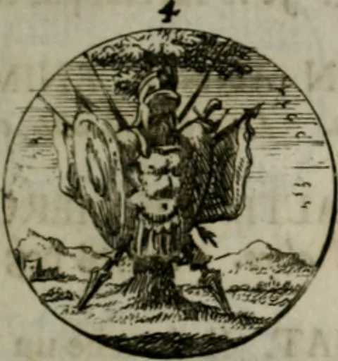 An illustration from Devises et emblemes anciennes & modernes, tirées des plus celebres auteurs, oder, Emblematische Gemüths-Vergnügung : bey Betrachtung siben hundert und funffzehen der curieusesten und ergötzlichen Sinn-Bildern, mit ihren zuständigen teutsch-lateinisch-französisch- und italianischen Beyschrifften, 1695, leaf 36