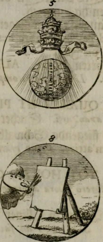 An illustration from Devises et emblemes anciennes & modernes, tirées des plus celebres auteurs, oder, Emblematische Gemüths-Vergnügung : bey Betrachtung siben hundert und funffzehen der curieusesten und ergötzlichen Sinn-Bildern, mit ihren zuständigen teutsch-lateinisch-französisch- und italianischen Beyschrifften, 1695, leaf 36