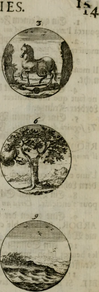 An illustration from Devises et emblemes anciennes & modernes, tirées des plus celebres auteurs, oder, Emblematische Gemüths-Vergnügung : bey Betrachtung siben hundert und funffzehen der curieusesten und ergötzlichen Sinn-Bildern, mit ihren zuständigen teutsch-lateinisch-französisch- und italianischen Beyschrifften, 1695, leaf 36