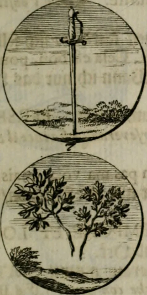 An illustration from Devises et emblemes anciennes & modernes, tirées des plus celebres auteurs, oder, Emblematische Gemüths-Vergnügung : bey Betrachtung siben hundert und funffzehen der curieusesten und ergötzlichen Sinn-Bildern, mit ihren zuständigen teutsch-lateinisch-französisch- und italianischen Beyschrifften, 1695, leaf 38